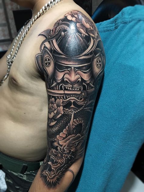 Oni Mask Arm Tattoo, Omni Mask Tattoo, Japanese Realism Tattoo, Japanese Realism, Outer Bicep Tattoos, Samurai Tattoo Sleeve, Samurai Warrior Tattoo, Animal Sleeve Tattoo, Skull Sleeve Tattoos