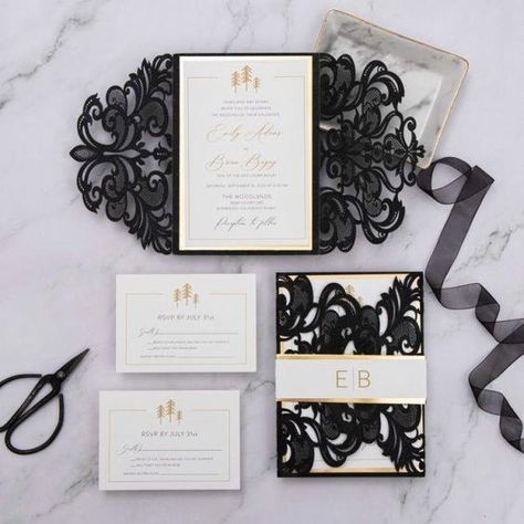 $3,30 Gold Laser Cut, Diy Guest Book, Inexpensive Wedding Invitations, Gold Envelope, Monogram Wedding Invitations, Laser Cut Invitation, Black Wedding Invitations, Winter Wedding Invitations, Wedding Invitations Online