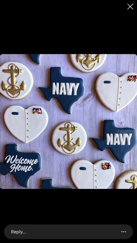 Navy Party Themes, Marine Corps Cake, Welcome Home Cakes, Navy Cakes, Patriotic Cookies, Navy Party, Flooding Cookies, Welcome Home Parties, Paint Cookies