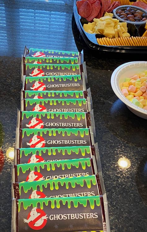 Printed Ghostbusters candy wrappers and wrapped them around regular Hershey’s bars to add a special touch to a Ghostbusters themed birthday party. Ghostbuster Party Food, Ghostbusters Party Ideas, Ghostbusters Party Food, Ghostbuster Themed Dinner, Ghostbusters Treats, Ghostbuster Themed Snacks, Ghostbuster Party Games, Ghost Busters Birthday Party, Ghostbusters Theme