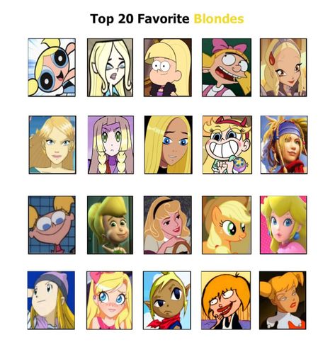 Top 20 Favorite Blonde-Haired Gals by PurfectPrincessGirl Iconic Blonde Characters Cartoon, Blond Characters Halloween, Blonde Character Costumes, Blond Hair Character, Blond Hair Halloween Costumes, Blond Cartoon Characters, Blonde Cartoon Characters Aesthetic, Blonde Hair Characters Cartoon, Blonde Cosplay Characters