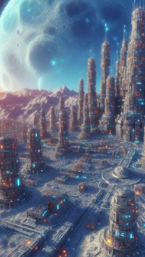 Moon City Fantasy Art, City On The Moon, City Fantasy Art, Fantasy Cities, Moon City, Alien Aesthetic, Fantasy Design, Ice Snow, Snow Art