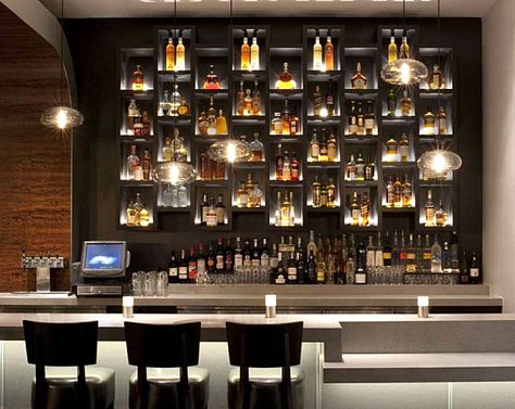 Vesu Restaurant Bar With Backlighting Back Bar Design, Niche Modern, Architecture Restaurant, Modern Restaurant Design, Modern Home Bar, Bar In Casa, Home Bar Design, Bar Inspiration, Bar Interior Design