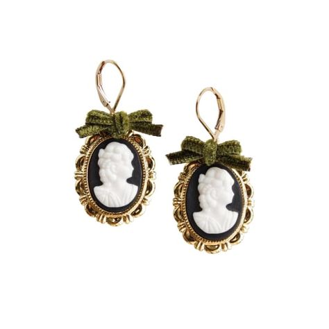 Dark Romance Goddess Oval Porcelain Cameo Earrings | POPORCELAIN | Wolf & Badger Renesance Paintings Women, Dark Academia Accessories, Victoria Style, Green Velvet Ribbon, Olive Green Velvet, Victoria Fashion, Cameo Earrings, Dark Romantic, Cameo Jewelry