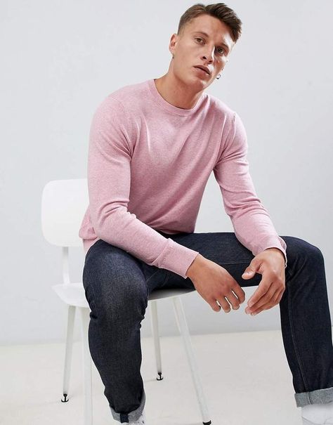 Burton Menswear crew neck sweater in pink Jumper Outfit Men, Pink Jumper Outfit, Pink Sweater Outfit, Sweater Outfits Men, Old Man Fashion, Jeans Outfit Men, Pink Jumper, Jumper Outfit, Smart Casual Men