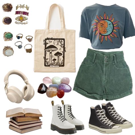 Art Nerd Aesthetic Outfit, August Aesthetic Outfits, Cute Downtown Outfits Summer, Summer Bookworm Outfits, Film Major Aesthetic Outfits, Vintage Artsy Aesthetic Outfits, Moon Girl Aesthetic Outfits, Artsy Girl Outfits, Artsy Girl Aesthetic Outfits