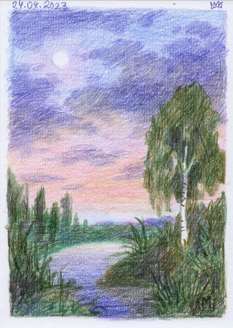 Artist: marjaz Sketch, sketchbook, coloured pencils, landscape Pencil Crayon Landscape, Colored Pencil Art Landscape, Coloured Pencil Art Ideas, Colored Pencil Drawing Landscape, Aesthetic Watercolor Art Ideas, Crayon Landscape, Easy Colored Pencil Drawing, Colored Pencil Landscape, Colour Pencil Art Landscapes