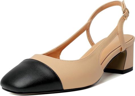 Amazon.com | Joseywade Slingback Heels for Women Low Block Chunky Heels Pumps Cap Toe Heels 2" Closed Square Toe Shoes Two Toned Heeled Sandalswith Adjustable Strap Matte Black Beige US Size 6 | Heeled Sandals Square Toe Shoes, Chunky Heel Pumps, Slingback Heels, Heels For Women, Chunky Sandals, Slingback Heel, Heels Pumps, Slingback Pump, Toe Shoes