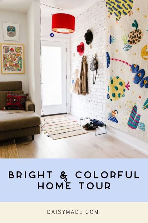 Gabriella Nassief Borg’s bright + colorful home is perfectly packed with vintage finds and creative design. Colorful home decor inspiration with white brick walls. Unique light fixtures. White Walls Colorful Decor, Pops Of Color Decor, Bright Colorful Home, House Diys, Painted Brick Wall, Toronto Home, Colorful Home Decor, House Color Palettes, Colorful Frames