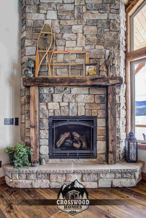 Reclaimed railroad tie mantel Railroad Tie Mantle, Reclaimed Wood Mantel Fireplace, Fireplace Mantels Railroad Tie, Stone And Barnwood Fireplace, Reclaimed Wood Mantle Fireplace Rustic, Woodland Park Colorado, Railroad Ties, Woodland Park, Barn House