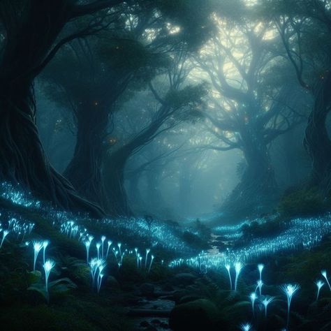 Kingdom In The Forest, Fantasy Bioluminescent Forest, Dark Fantasy Forest Art, Dark Enchanted Forest Aesthetic, Mythical Forest Aesthetic, Forest Kingdom Aesthetic, Bioluminescence Forest, Fantasy Forest Aesthetic, Fantasy World Forest