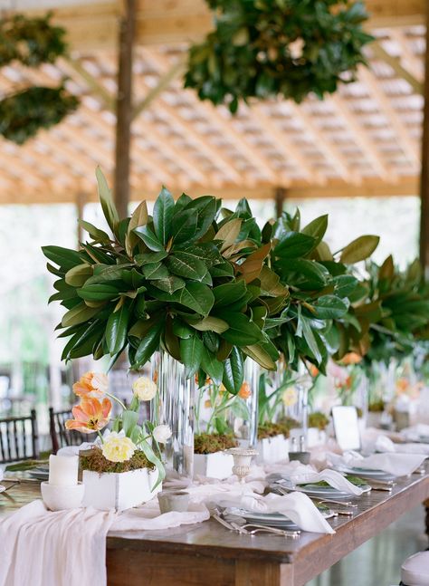 Magnolia Wedding Decorations, Magnolia Leaves Wedding, Magnolia Leaves Centerpiece, Magnolia Wedding Flowers, Magnolias Wedding, Magnolia Centerpiece, Green Centerpieces, Greenery Centerpiece, Magnolia Wedding