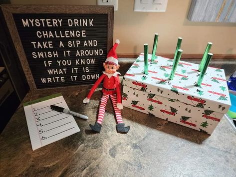 Elf On Shelf Mystery Drink, Weekend Elf On The Shelf, Mystery Drink Challenge Elf, Elf On The Shelf Restaurant Ideas, Silly String Elf On The Shelf, Elf Drink Challenge, Crazy Elf On Shelf Ideas, Elf On The Shelf Drink Challenge, Sleepover Elf On The Shelf