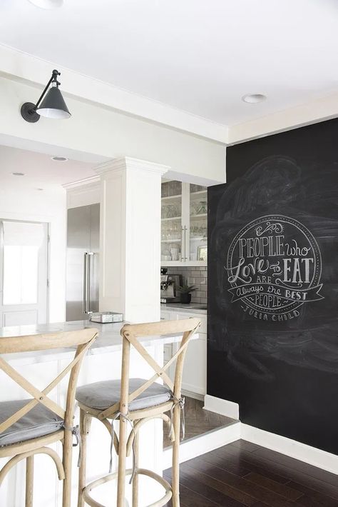 Adding a kitchen accent wall to your home is the perfect way to spice up the space without blowing your budget. Read our latest blog to find the latest trending kitchen accent wall ideas & photos! From paint colors, wood types, tile, and shiplap, we're covering every material that's hit the market. | Lily Ann Blogs Chalkboard In Kitchen, Chalkboard Wall Kitchen, Kitchen Accent Wall, Kitchen Inspiration Board, Accent Wall In Kitchen, Kitchen Chalkboard, Service Area, Chalk Wall, Chalkboard Wall