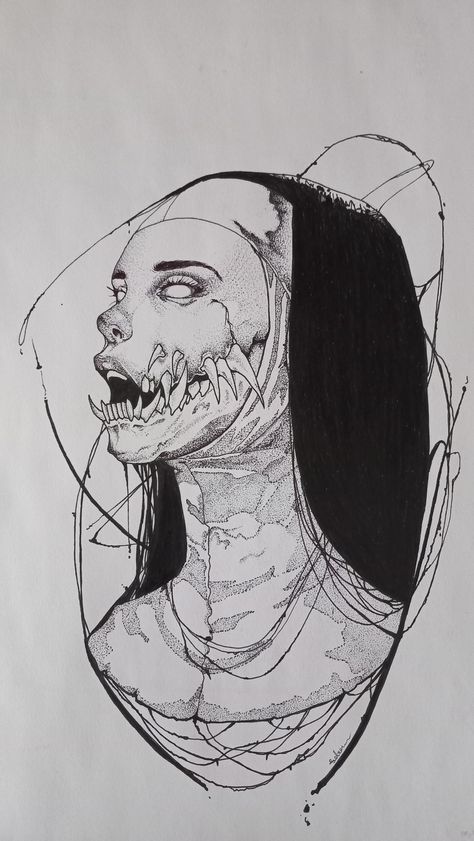 Surreal drawing Vampire Style Tattoo, Horror Ink Drawing, Body Horror Drawing Reference, Scary Pose Reference Drawing, Snake Mouth Open, Vampire Drawing Reference, Open Mouth Reference, Vampire Sketch, Uncanny Art