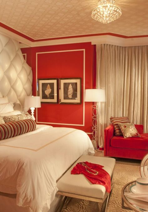 Red & Cream bedroom Hollywood Glamour Bedroom, Miami Interiors, Miami Interior Design, Glamourous Bedroom, Eclectic Bedroom, Bedroom Red, Red Rooms, Bedroom Headboard, Red Walls