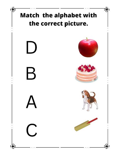 Worksheet for kids Matching Alphabets With Pictures, Match The Letter With The Picture, Match The Alphabet With Picture, Alphabet With Pictures Free Printable, Alphabet Matching Worksheet, Preschool Worksheets Free Printables, Kindergarten Word Families, Nursery Worksheets, Capital Alphabet