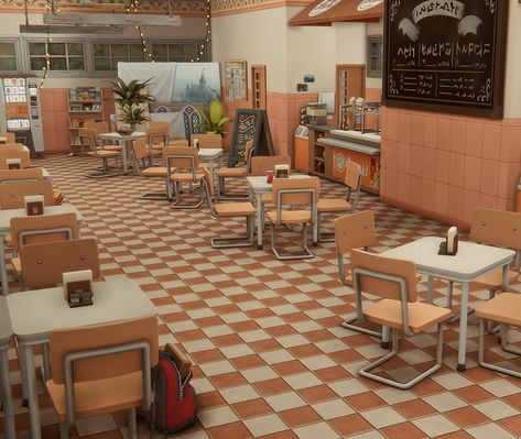 gladly Sims 4 High School Cafeteria, Sims 4 Classroom, Sims4 Build, The Sims 4 Lots, Sims 4 Challenges, Sims Builds, Sims 4 House Plans, Sims 4 House Building, Sims Ideas