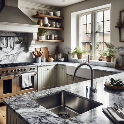 Upgrade your kitchen with the classic elegance of Bianco Sardo Granite! 🌟 This stunning worktop has a light grey background with darker speckles, perfect for any style. 🏠✨ #KitchenDesign #GraniteWorktops #BiancoSardo #HomeImprovement #LondonKitchens #InteriorDesign #AffordableLuxury Thunder White Granite, White Kitchen Worktop, Baltic Brown Granite, Black Pearl Granite, Kitchen Inspiration Board, White Worktop, Light Grey Background, Granite Worktops, Marble Worktops