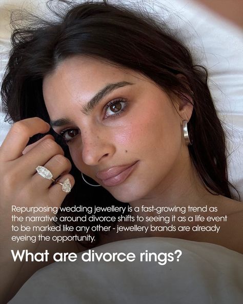 When #EmRata shared a photo of herself wearing two diamond rings to her 30 million Instagram followers last week with the caption “Divorce rings,” the post was met with over a million engagements. “I don’t think a woman should be stripped of her diamonds just because she’s losing a man,” she said to Vogue explaining her decision, adding that she loved the “idea of a ring unabashedly representing the many lives a woman has lived." Now, with a focus on repurposing wedding jewellery, brands are ... Divorce Rings, Divorce Ring, Ring Inspo, Wedding Jewellery, She Said, Live In The Now, Instagram Followers, Diamond Rings, A Man