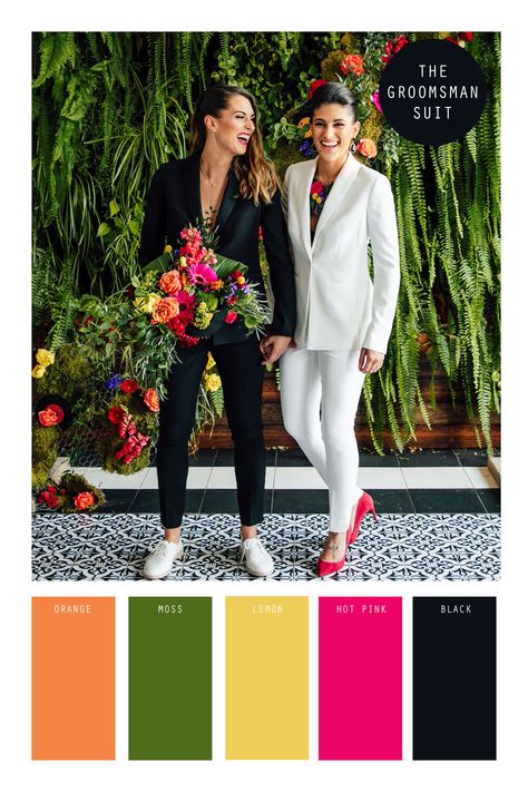 Wedding Color Scheme with Women's Classic Black Wedding Suit  - The Groomsman Suit #weddings #suit Best Woman Suit Wedding, Female Groomsman Suit, Women's Tuxedo Suit, Lesbian Wedding Party Outfits, Female Suits Wedding, Lesbian Wedding Color Schemes, Masculine Lesbian Style Wedding, Women Suits Wedding Bridesmaid, Women In Suits Wedding