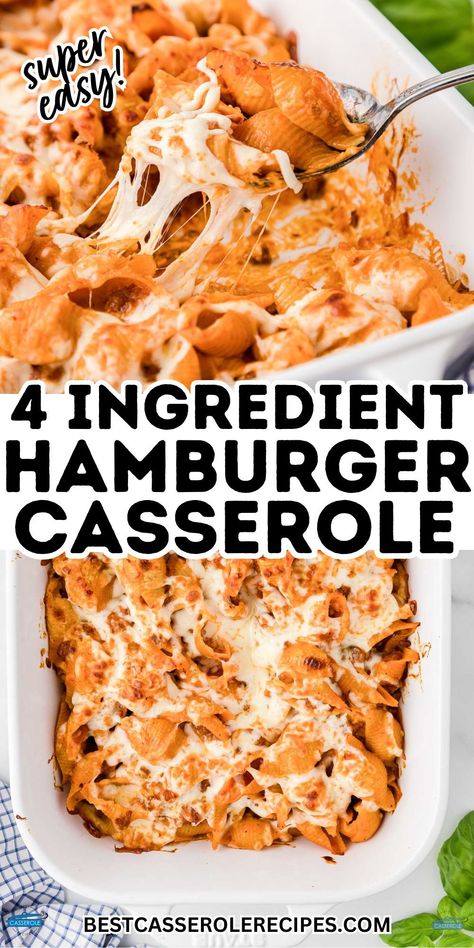 With just egg noodles, ground beef, tomato soup and shredded cheese, this easy 4 ingredient hamburger casserole comes together quickly for the ultimate kid-approved hearty baked pasta even picky little ones devour. 4 ingredient hamburger casserole, easy casserole recipes, hamburger casserole. 4 Ingredient Ground Beef Recipes, Cheeseburger Casserole With Tomato Soup, Hamburger Macaroni Casserole With Tomato Soup, Baked Hamburger Recipes, 5 Ingredient Ground Beef Recipes, Easy Hamburger Meat Recipes Ground Beef Egg Noodles, Noodles And Hamburger Recipes, Hamburger And Noodle Casserole, Hamburger Meat And Noodles Easy Recipes