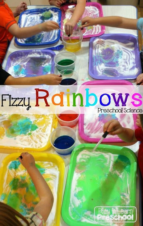 Fizzy Rainbows - 2 ingredient kitchen science experiment for preschoolers.  I'm going to use this tonight to keep the kids busy while I cook dinner!  |Play to Learn Preschool| Experiment For Preschoolers, Preschool Rainbow, Prek Science, Pre K Science, Kitchen Science Experiments, Experiments For Preschoolers, Preschool Weather, Rainbow Activities, Kitchen Science