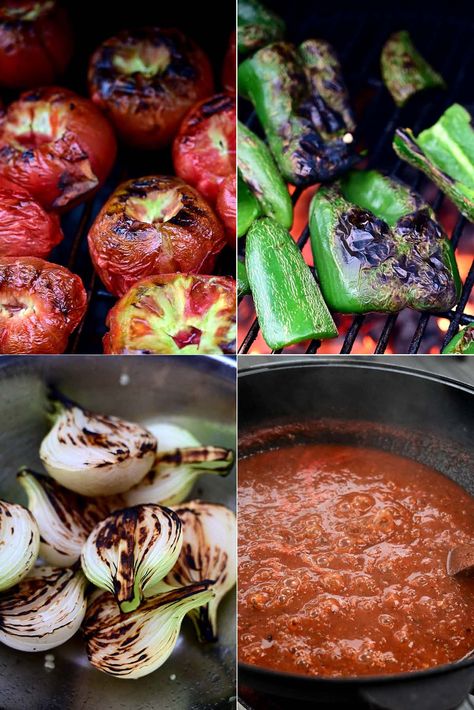 Charred vegetables for making charred, smoky salsa roja. The best salsa roja recipe. Smoked Tomato Salsa, Chunky Salsa Recipe With Fresh Tomatoes, Smoky Salsa Recipe, Red Tomato Salsa, Charred Vegetables, Fire Roasted Tomato Salsa, Tomatillo Red Chili Salsa, Recipe For Salsa, Roasted Red Pepper Salsa