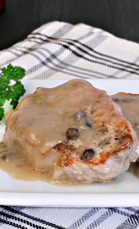 Pressure Cooker Creamy Mushroom Pork Chops Recipe via @slavabondarev Creamy Mushroom Pork Chops, Instapot Pork Chops, Quick Pork Chops, Pork Chops With Mushrooms, Mushroom Soup Pork Chops, Pressure Cooker Pork Chops, Skillet Pork Chop Recipes, Baked Boneless Pork Chops, Healthy Pork Chops