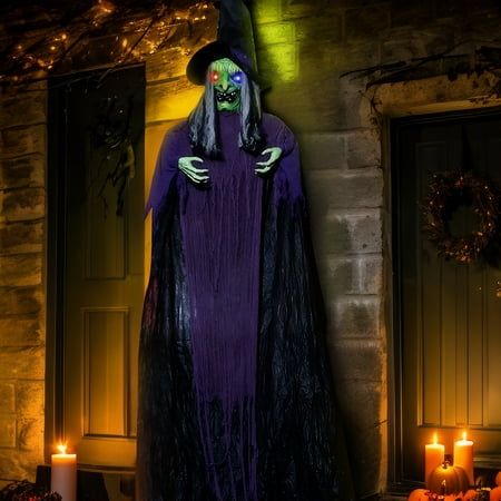 Introductions: Make your Halloween unforgettable with our UBesGoo 12ft Witch Animated Halloween Decoration Witch. Perfect for creating a spooky atmosphere in your yard or garden, this eye-catching decoration features built-in LED lights that make it glow eerily at night. Quick to set and easy to store, it's the ultimate addition to your Halloween festivities, sure to captivate guests, friends, and neighbors alike. Features: 1.Get ready to send shivers down spines with our 12ft Witch Animated Hal Animated Halloween Decorations, Animated Witch, Animated Halloween, Hanging Witch, Haunted House Props, Halloween Witch Decorations, Blair Witch, Decorative Garden Stakes, Family Decor