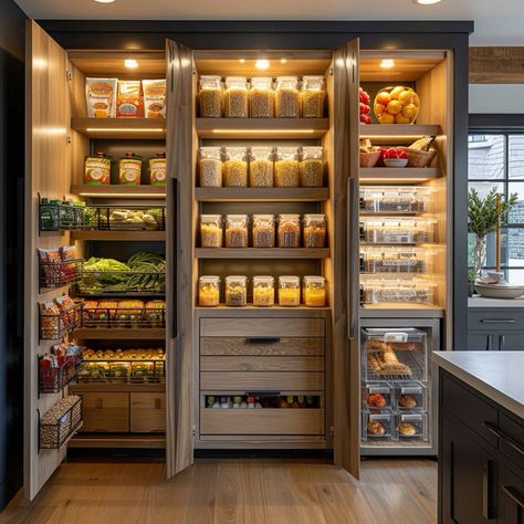 Cool Built In Ideas, Professional Home Kitchen Design, Cool Kitchen Features, Dream Pantry Walk In Luxury, Kitchen Fridge Ideas, Luxury Pantry, Pantry Modern, Organised Pantry, Refrigerator Pantry