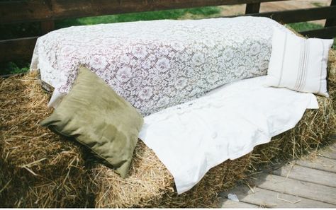 L-A-C-E Covered Hay Bale Couch for guests to sit---Absolutely Chic for a Rustic Chic inspiration for a country, cowgirl or barn wedding!!  Guest Couch Seat using Hay Bales!!---for Barn, Country or Cowgirl Wedding Inspiration!! Love this!! www.MadamPaloozaEmporium.com www.facebook.com/MadamPalooza Haybale Couch, Hay Couch, Hay Bale Wedding, Gals Night, Hay Bale Seating, Couch Lounge, Diy Seating, Cowgirl Wedding, Barn Dance