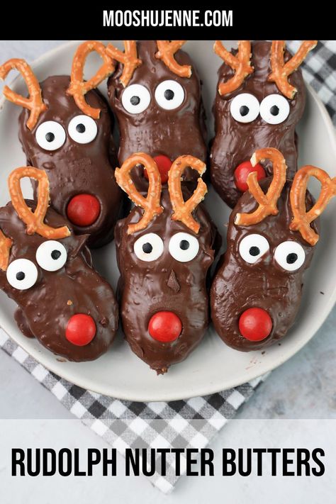 Rudolph Nutter Butters dipped in a dark chocolate and donned with pretzel antlers. These adorable Rudolph cookies are perfect for cookie platter and holiday charcuterie boards. Rudolph Cookies, Holiday Charcuterie, Chocolate Melting Wafers, Candy Eyeballs, Reindeer Cookies, Cookie Platter, Christmas Recipes Easy, Nutter Butter Cookies, Amazing Desserts