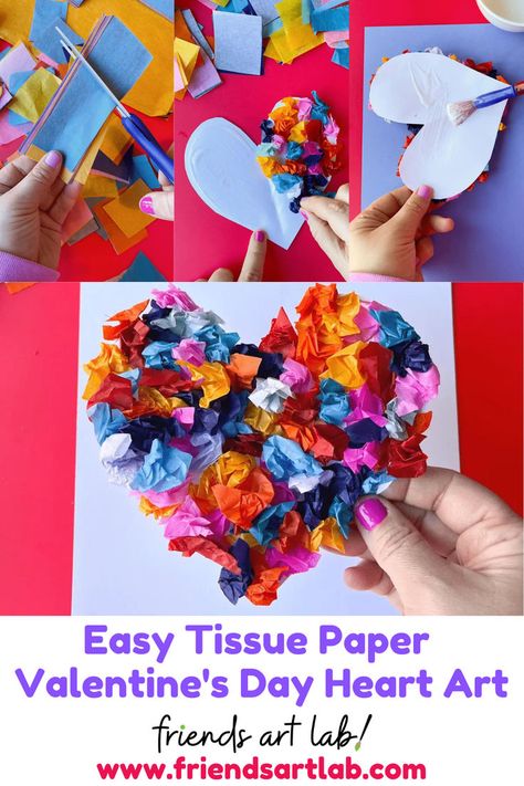 The custest scrunched tissue paper heart art! Preschool Valentines Activities, Preschool Valentine Crafts, Tissue Paper Crafts, Preschool Valentines, Art Friend, Valentines Art, Heart Crafts, Art Simple, Paper Heart