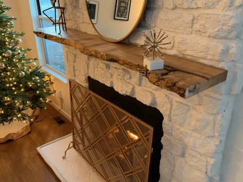 Live Edge Mantel Ideas, Live Edge Fireplace, Live Edge Fireplace Mantel, Slab Fireplace, Rustic Fireplace Mantle, Diy Fireplace Mantle, Wood Mantle Fireplace, Custom Fireplace Mantels, Rustic Fireplace Mantels