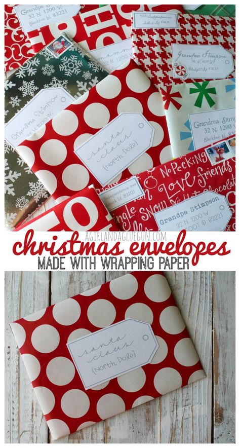 DIY Christmas Envelopes Using Wrapping Paper. Make your own festive, holiday envelopes using wrapping paper, an X-ACTO knife, and an Elmer's Glue Stick. Christmas Card Envelopes, Holiday Envelopes, Christmas Envelopes, How To Make An Envelope, Christmas Hacks, Diy Envelope, Mason Jar Crafts Diy, Diy Simple, Gift Envelope