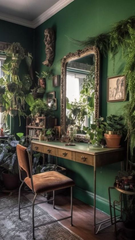 Bedroom Jungle Plants, Forest Green And Gold Bedroom Ideas, Small Apartment With Plants, Indoor Forest Home, Vintage Jungle Aesthetic, Emerald Green Apartment Decor, Green Room Ideas Bedroom Vintage, Bohemian Small Bedroom Ideas, Brown And Green Room Aesthetic