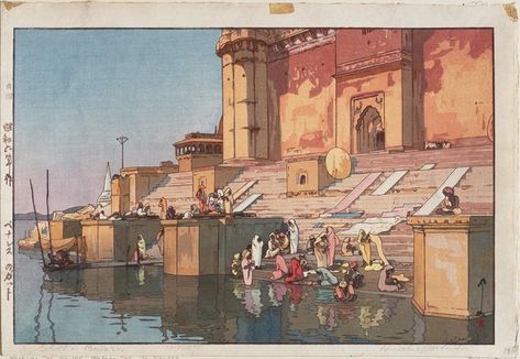 "Ghat in Benares" by: Hiroshi Yoshida, a 20th-century Japanese painter and woodblock print maker Hiroshi Yoshida, Toledo Museum Of Art, Art Asiatique, Woodcuts Prints, Art Japonais, Japanese Woodblock Printing, Art Et Illustration, Japanese Painting, Japan Art