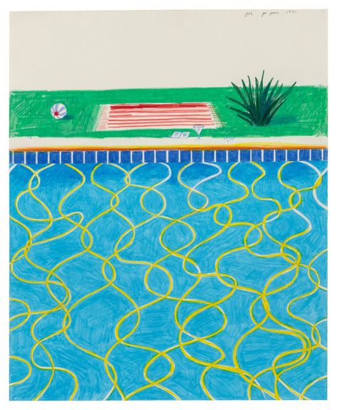 David Hockney Drawing of a Pool and Towel Guaranteed Property Auction is live Lot closed Estimate 1,000,000 - 1,500,000 USD Lot Sold 3,085,000 USD Hockney Drawings, David Hockney Ipad, David Hockney Pool, David Hockney Paintings, David Hockney Art, View Drawing, James Rosenquist, Claes Oldenburg, Pool Art