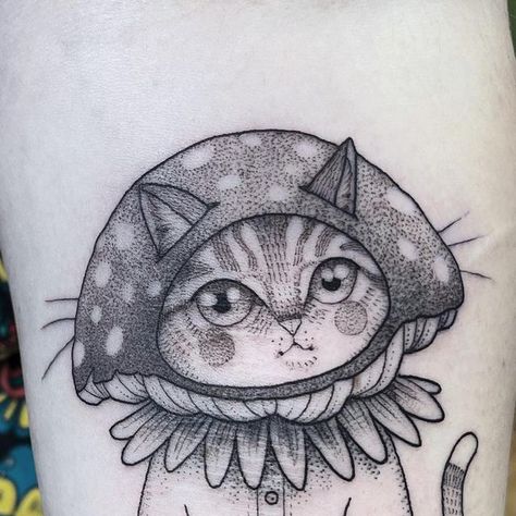 Cat Mushroom Tattoo, Suflanda Tattoo, Cat Mushroom, Animal Cartoons, Mushroom Tattoo, Mushroom Tattoos, Dot Work Tattoo, Have A Great Weekend, Birds Tattoo