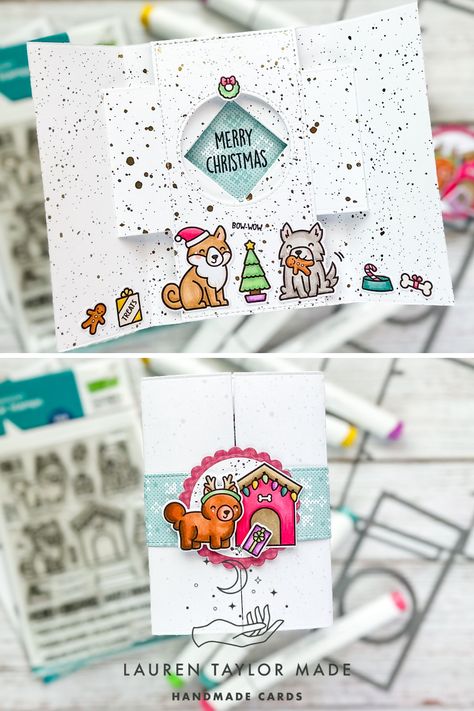 Home for the Pawlidays Christmas Shutter Card with Lawn Fawn Shutter Card, Christmas Sentiments, Lawn Fawn Cards, Bow Wow, Dog Christmas, Winter Cards, Lawn Fawn, Simon Says, Christmas Bows