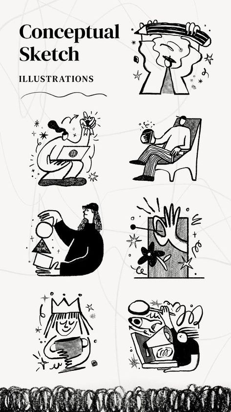 Conceptual character sketch illustration set | premium image by rawpixel.com / Aew Cartoon Pencil Drawing, Cafe Branding Design, Postcards Inspiration, Paper Cartoon, Wallpaper Paper, Cartoon Pencil, 심플한 그림, Conceptual Sketches, Retro Character