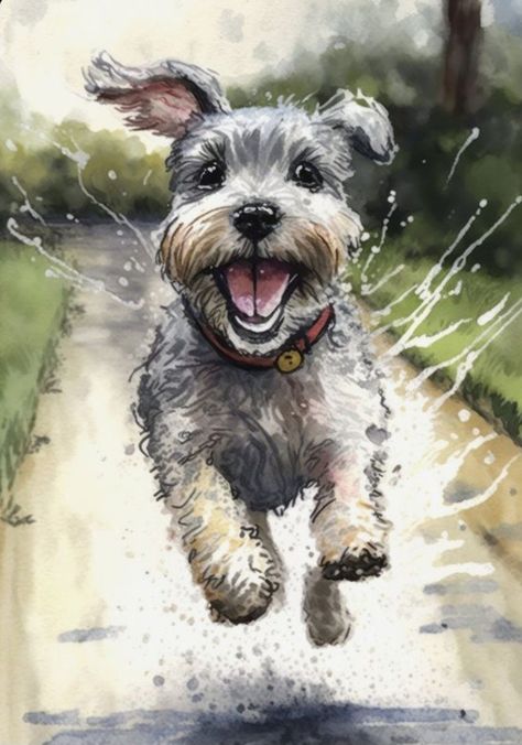 Playful Portrait, Joyful Expression, Dog Watercolor Painting, Watercolor Digital Art, Schnauzer Art, Watercolor Dog Portrait, Dog Portraits Art, Schnauzer Dog, 강아지 그림