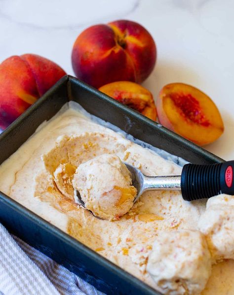 No Churn Peach Ice Cream made with fresh chopped peaches, whipped heavy cream, condensed milk, vanilla and a pinch of salt is delicious! It's sweet, creamy and no ice cream maker is required. Condensed Milk Ice Cream, Peach Ice Cream Recipe, Homemade Peach Ice Cream, A Southern Soul, Peach Ice Cream, No Churn Ice Cream, Canned Peaches, Ice Cream Popsicles, Peach Recipe