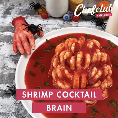 Halloween Shrimp Appetizers, Halloween Shrimp, Halloween Fish Bowl Drink, Halloween Shrimp Cocktail, Shrimp Halloween Appetizer, Shrimp Brain Halloween, Halloween Fondue, Spooky Shrimp Cocktail, Brain Appetizer Halloween