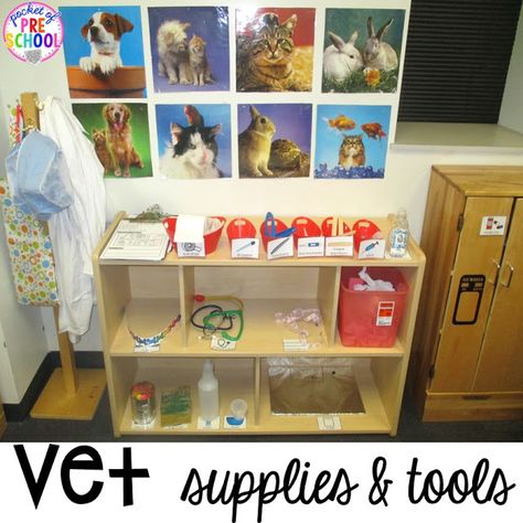 Vet Pet Hospital Dramatic Play for preschool, pre-k, and kindergarten. Tips, tricks, and fun ideas for your classroom. Vets Office Dramatic Play, Animal Hospital Dramatic Play, Vet Clinic Ideas, Hospital Dramatic Play, Pet Study, Pocket Of Preschool, Dramatic Play Center, Starting A Daycare, Pet Theme