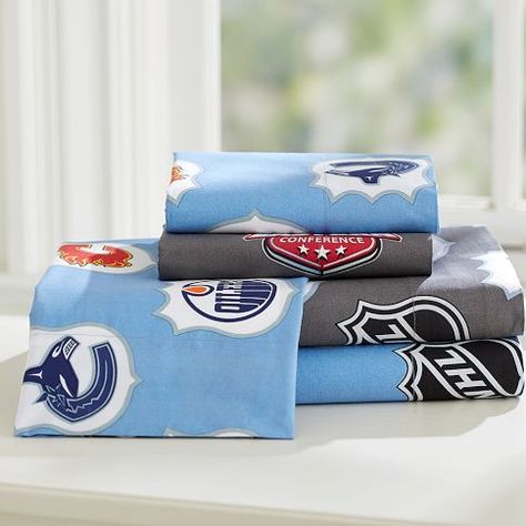 NHL™ Bedding, Ice Hockey Bedding & Hockey Bed Sheets | PBteen Girls Hockey Bedroom, Boys Hockey Bedroom, Hockey Bedding, Sports Room Boys, Boy Sports Bedroom, Hockey Bedroom, Sports Bedding, Hockey Room, Boys Hockey