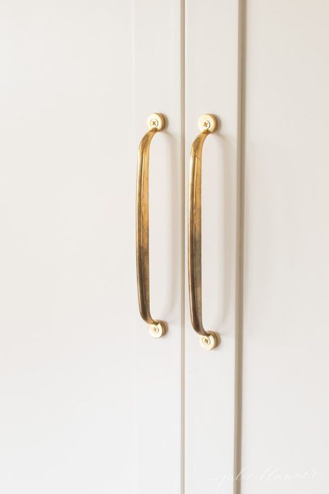 Modern Traditional Hardware, Waterstreet Brass Hardware, Unlacquered Brass Cabinet Hardware, Backplate Cabinet Hardware, Closet Hardware Ideas, Unlacquered Brass Kitchen Hardware, Unlacquered Brass Kitchen, Unlacquered Brass Hardware, Kitchen Knobs And Pulls