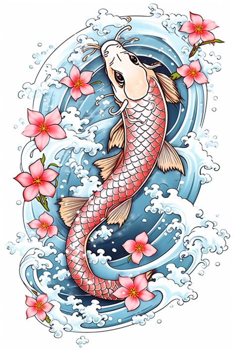 Japanese tattoo design featuring koi fish and cherry blossoms imagery Japanese Traditional Tattoo Design, Japanese Traditional Tattoo, Koi Art, Traditional Tattoo Design, Blossom Tattoo, Cherry Blossom Tattoo, Koi Carp, Japanese Tattoo Designs, Great White Shark