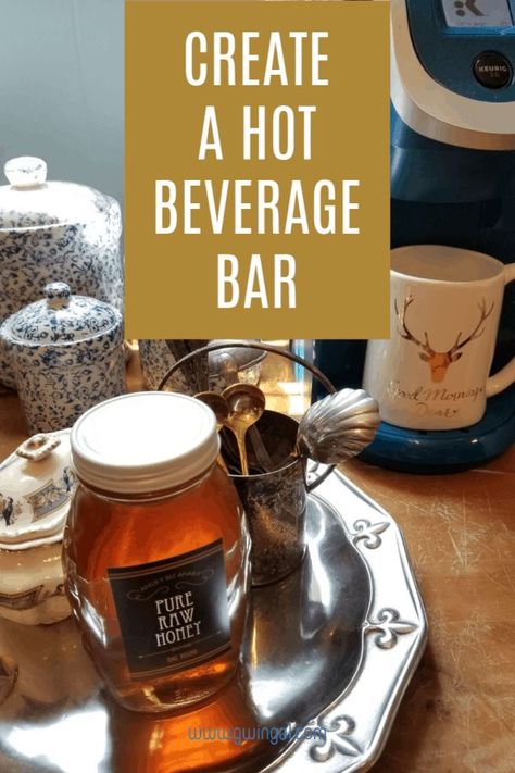 Hot Beverage Station, Hot Beverage Bar, Butcher Block Tables, Blue Shelves, Beverage Station, Beverage Bar, Tea Station, Drink Station, Hot Cocoa Bar